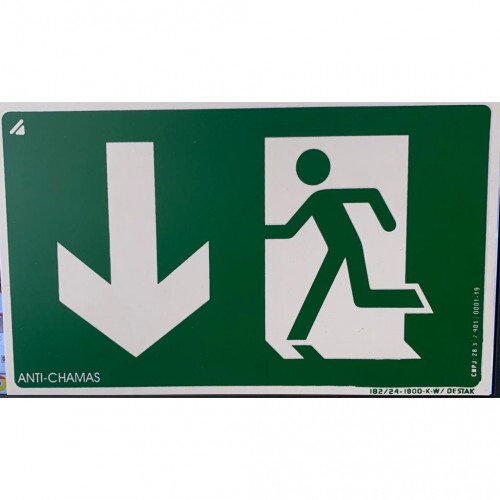PLACA S03 C/SETA P/BAIXO A ESQUERDA 26X13 EM PVC 2MM NBR 13434 FOTOLU. AUTO EXTINGUIVEL