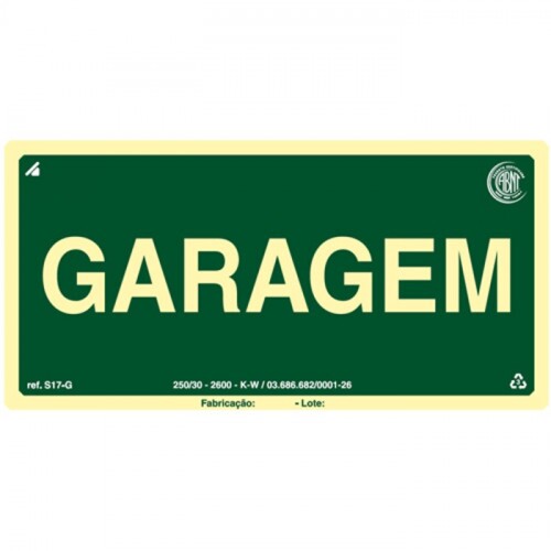 PLACA S17 PAVIMENTO GARAGEM 20X10 EM PVC 2MM NBR 13434 FOTOLU. AUTO EXTINGUIVEL
