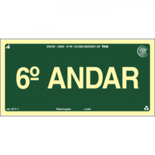 PLACA S17-06 PAVIMENTO 6º ANDAR 20X10 EM PVC 2MM NBR 13434 FOTOLU. AUTO EXTINGUIVEL
