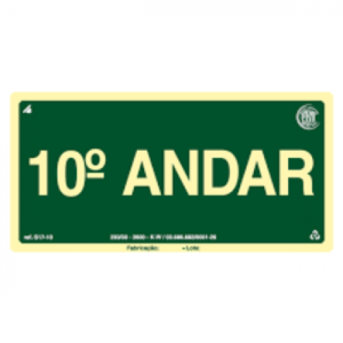 PLACA S17-10 PAVIMENTO 10º ANDAR 20X10 EM PVC 2MM NBR 13434 FOTOLU. AUTO EXTINGUIVEL