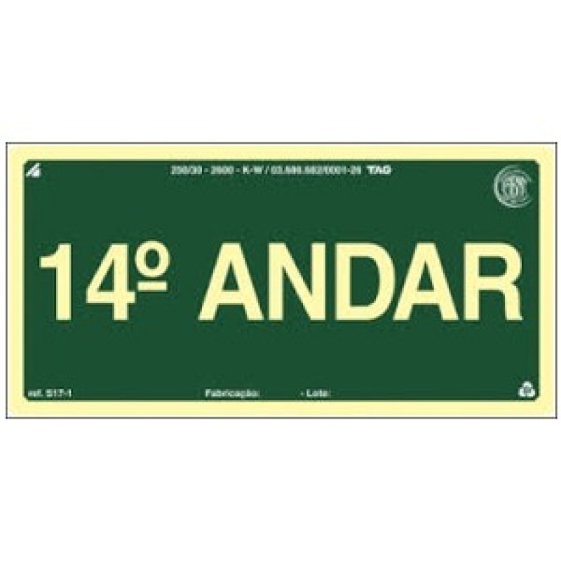 PLACA S17-14 PAVIMENTO 14º ANDAR 20X10 EM PVC 2MM NBR 13434 FOTOLU. AUTO EXTINGUIVEL