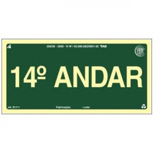PLACA S17-14 PAVIMENTO 14º ANDAR 20X10 EM PVC 2MM NBR 13434 FOTOLU. AUTO EXTINGUIVEL