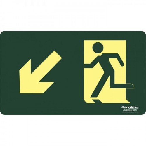 PLACA S16 SAIDA DESCENDO RAMPA A ESQUERDA 30X18 EM PVC 2MM NBR 13434 FOTOLU. AUTO EXTINGUIVEL