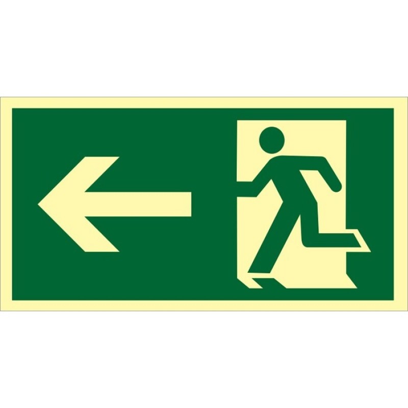 PLACA S02 SAIDA A ESQUERDA 30X18 EM PVC 2MM NBR 13434 FOTOLU. AUTO EXTINGUIVEL