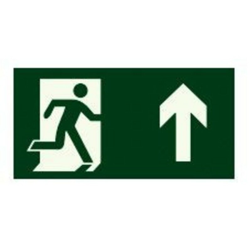 PLACA S03 SAIDA C/SETA P/CIMA A DIREITA 26X13 EM PVC 2MM NBR 13434 FOTOLU. AUTO EXTINGUIVEL