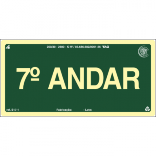 PLACA S17-07 PAVIMENTO 7º ANDAR 20X10 EM PVC 2MM NBR 13434 FOTOLU. AUTO EXTINGUIVEL
