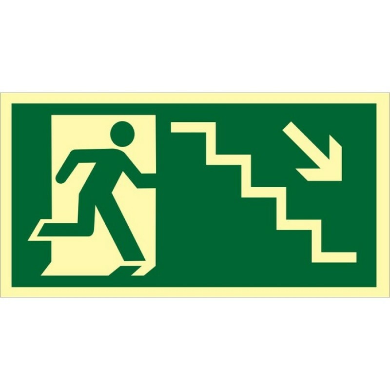 PLACA S08 SAIDA DESCENDO ESCADA A DIREITA 30X18 EM PVC 2MM  NBR 13434 FOTOLU. AUTO EXTINGUIVEL