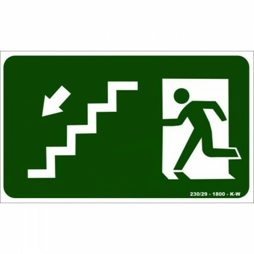 PLACA S09 SAIDA DESCENDO ESCADA A ESQUERDA 30X18 EM PVC 2MM NBR 13434 FOTOLU. AUTO EXTINGUIVEL