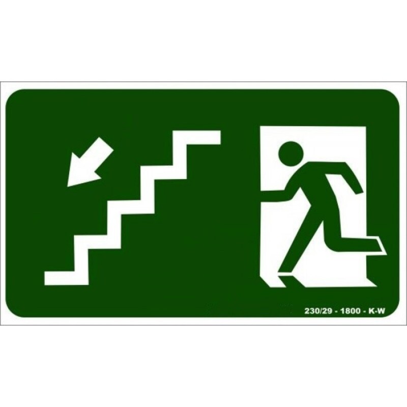 PLACA S09 SAIDA DESCENDO ESCADA A ESQUERDA 30X18 EM PVC 2MM NBR 13434 FOTOLU. AUTO EXTINGUIVEL