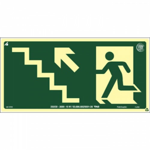 PLACA S11E SAIDA SUBINDO ESCADA A ESQUERDA 26X13 EM PVC 2MM NBR 13434 FOTOLU. AUTO EXTINGUIVEL